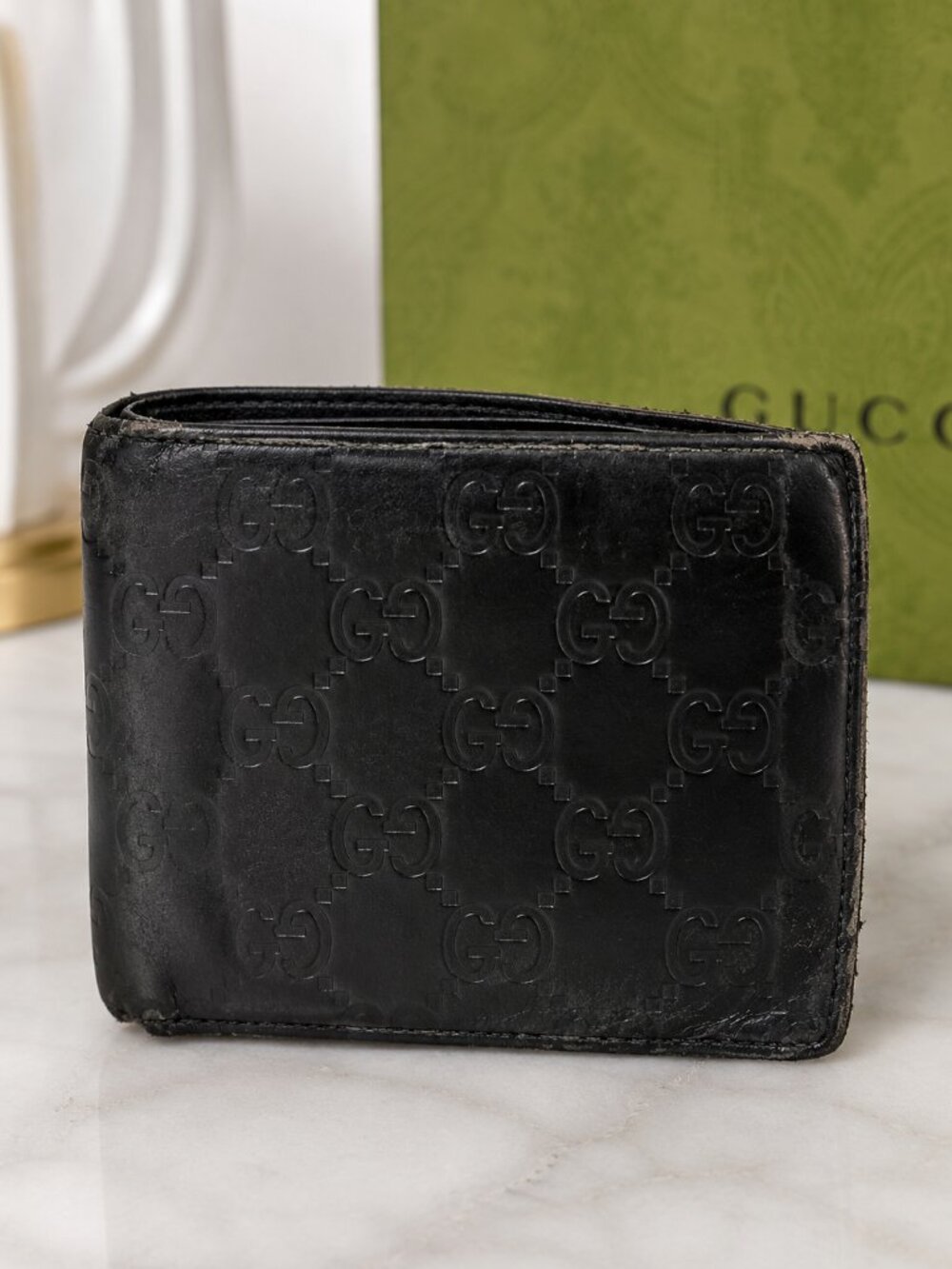 Gucci Guccissima Black Leather Bifold Wallet Coin Pocket Men's GG Monogram